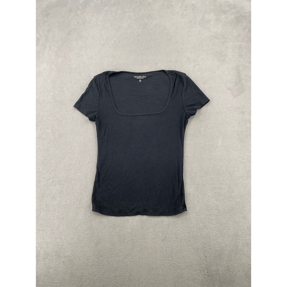 Abercrombie & Fitch A&F Essentials Black Ribbed Square Neck Short Sleeve Top S